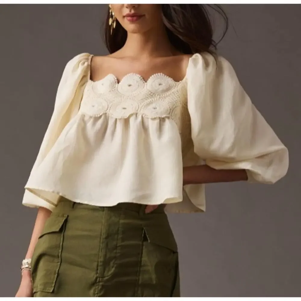 By Anthropologie Cream Crochet Peplum Blouse Natural Neutral Size S